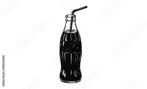Vintage soda bottle with straw and ice cubes on white background in black and white illustration. Vector retro hand drawn illustration
