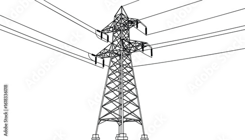 High voltage transmission tower vector, steel lattice structure drawing, electric pylon with power lines, energy infrastructure wireframe illustration