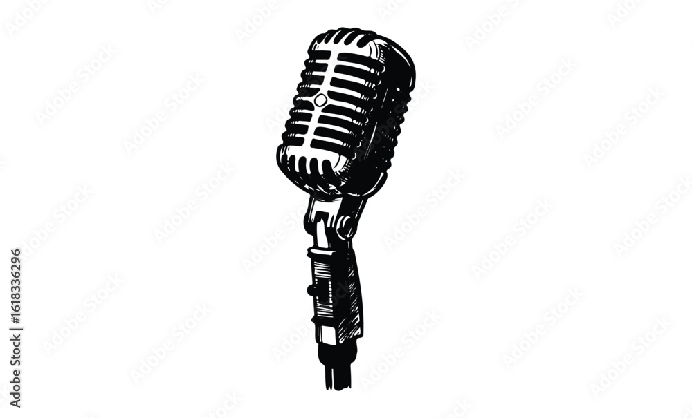 Fototapeta premium Retro microphone on white background for music and broadcasting themes. Vector retro hand drawn illustration