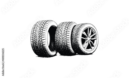 Detailed black and white sketch of three automotive tires with tread patterns. Vector retro hand drawn illustration