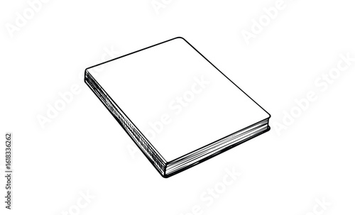 Blank hardcover book sketch with black lining on white background. Vector retro hand drawn illustration