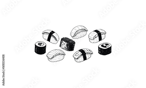 Hand-drawn sushi illustration: nigiri, maki, salmon, tuna with seaweed details. Vector retro hand drawn illustration