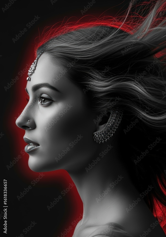 Fototapeta premium Elegant indian woman with traditional jewelry in a striking profile portrait against a dark background