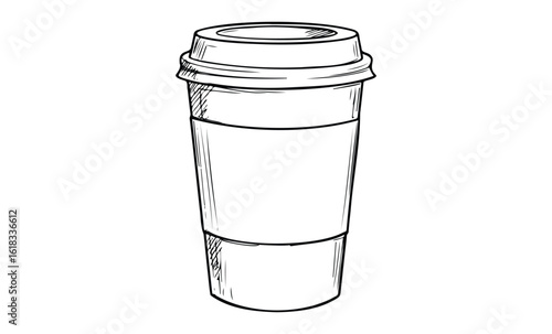Hand-drawn sketch of a tall disposable coffee cup with lid in black and white. Vector retro hand drawn illustration