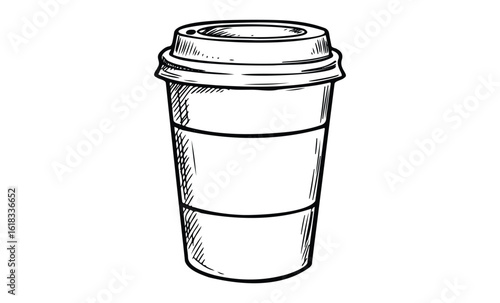 Hand-drawn sketch of tall takeout coffee cup with lid. Vector retro hand drawn illustration