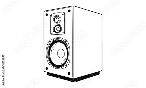 Black and white line drawing of modern speaker. Vector retro hand drawn illustration