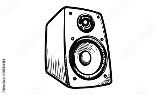Black and white sketch of a detailed speaker with woofer and tweeter. Vector retro hand drawn illustration