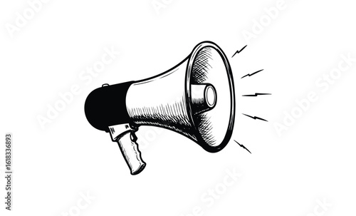 Illustration of a vintage megaphone with sound waves emitting from horn. Vector retro hand drawn illustration