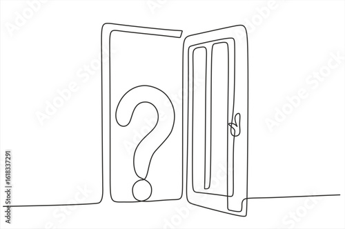 Continuous one line drawing of open door with question mark. Entrance of unknown door, obstacles and problems for success, business concept. Hand drawn one line vector. Editable stroke
