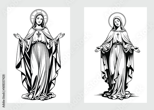 Christian Virgin Mary with raised hands in graceful religious sketch style