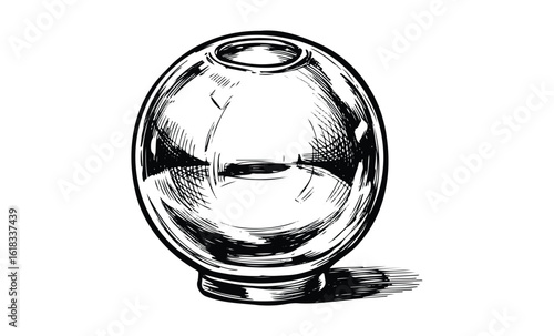 Hand-drawn black and white illustration of a round glass vase on a white background. Vector retro hand drawn illustration