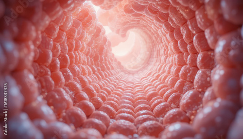 Abstract tunnel of cells with bright light at the end