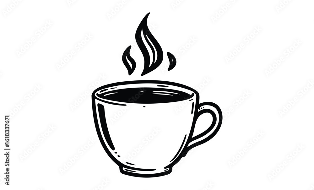 Obraz premium Monochrome line art of steaming coffee cup with handle. Vector retro hand drawn illustration