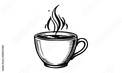 Steaming coffee mug sketch with rising aroma. Vector retro hand drawn illustration