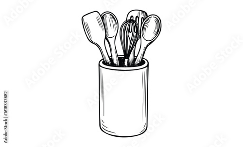 Black and white sketch of kitchen utensil holder with spatulas, whisk, and spoons. Vector retro hand drawn illustration