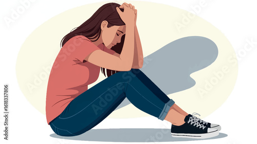 Young woman sitting on the ground in a distressed pose digital illustration
