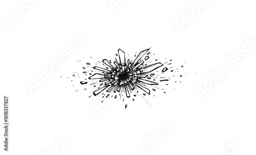 Abstract black ink splash with dynamic lines and spatter on white background. Vector retro hand drawn illustration