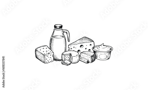 Variety of dairy products: milk, cheese, and yogurt in line art illustration. Vector retro hand drawn illustration