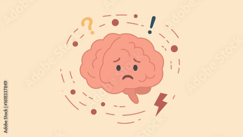 Overwhelmed Brain with Tasks and To-Dos. Flat design Animation of a cartoon brain with a worried face, surrounded by chaotic symbols like a question mark, exclamation point, and lightning bolt. 
