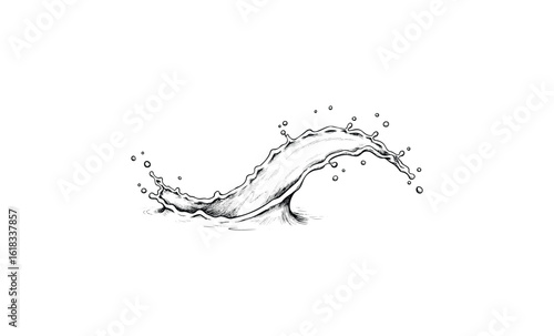 Black and white sketch of splashing water wave with droplets. Vector retro hand drawn illustration