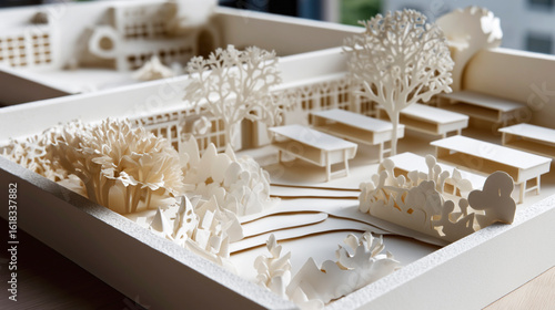 Paper model of a schoolyard with trees, benches, and greenery for educational design projects
