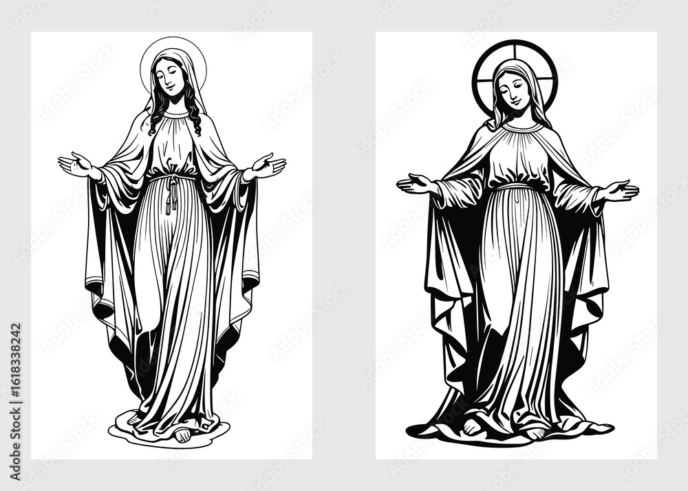 Fototapeta premium Holy Virgin Mary standing in prayer with open arms and divine expression