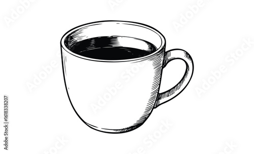 Black and white sketch of a coffee mug with handle and dark liquid. Vector retro hand drawn illustration