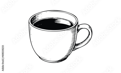 Black and white hand-drawn coffee mug illustration with handle. Vector retro hand drawn illustration
