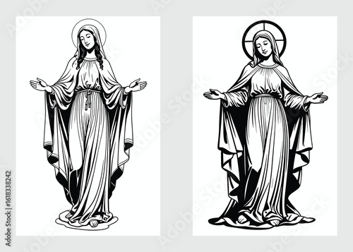 Holy Virgin Mary standing in prayer with open arms and divine expression