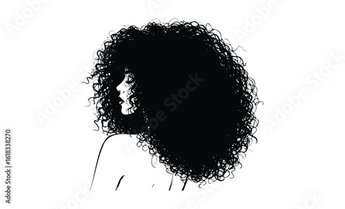 Silhouette of woman with voluminous curly afro hairstyle in profile view. Vector retro hand drawn illustration