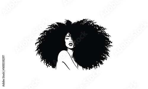 Stylized portrait of african female with voluminous curly hair in black and white. Vector retro hand drawn illustration