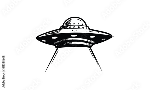 Classic ufo sketch with beam effect in black and white. Vector retro hand drawn illustration