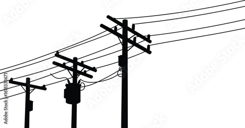 Vector illustration of utility power poles, electrical transformers, high voltage transmission lines, black silhouette, energy grid infrastructure, electricity distribution system