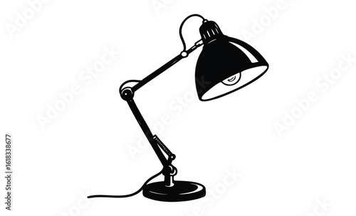 Black adjustable desk lamp silhouette on white background. Vector retro hand drawn illustration