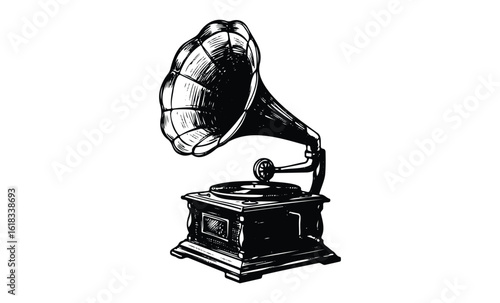 Vintage gramophone illustration with detailed classic horn and turntable design. Vector retro hand drawn illustration