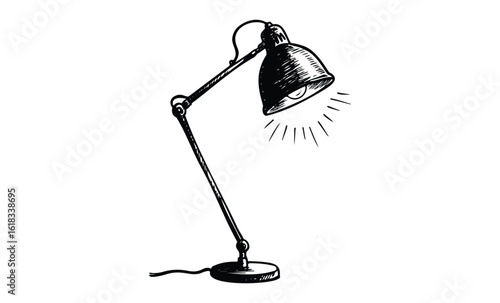 Vintage adjustable desk lamp illustration in black and white. Vector retro hand drawn illustration