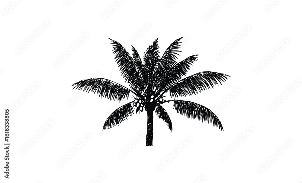 Obraz premium Black silhouette of tropical palm tree on white background. Vector retro hand drawn illustration