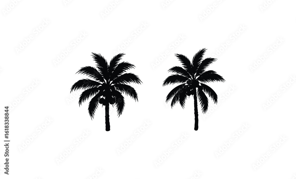 Obraz premium Silhouette of two palm trees against white background. Vector retro hand drawn illustration