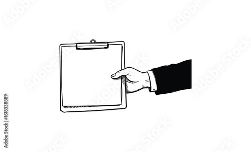 Hand holding blank clipboard with black sleeve illustration. Vector retro hand drawn illustration