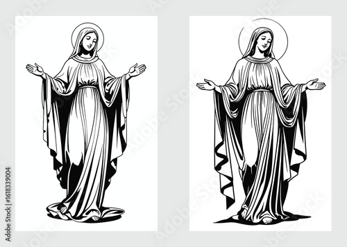 Catholic art of Virgin Mary praying with halo in black and white sketch