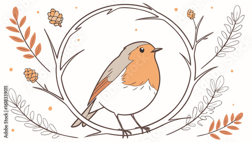 Charming robin perched among autumnal branches and pinecones