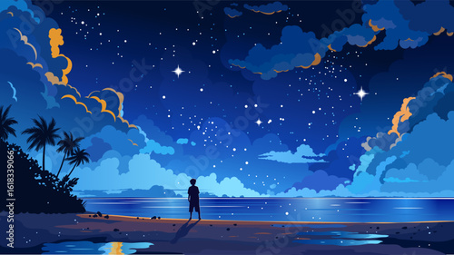 Sea landscape with stars and clouds in dark sky at night.