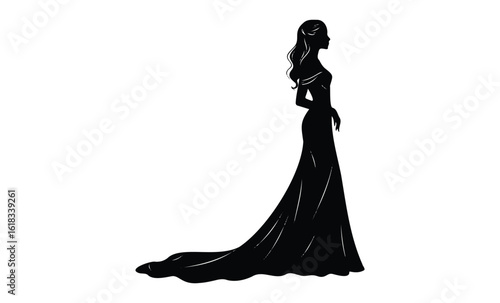 Silhouette of female in elegant gown with long train. Vector retro hand drawn illustration