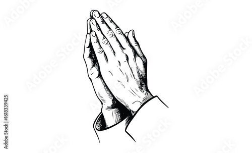 Detailed sketch of praying hands with cross pattern shadows. Vector retro hand drawn illustration