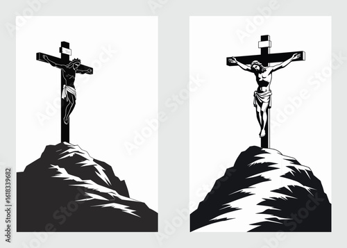 Jesus Christ crucified on cross on mountain in silhouette religious artwork style

