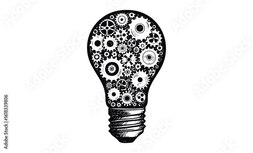 Black and white light bulb filled with gears and cogs symbolizing creative innovation. Vector retro hand drawn illustration