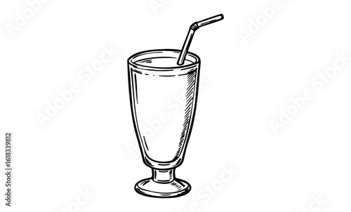 Hand-drawn milkshake glass with straw in black and white illustration. Vector retro hand drawn illustration