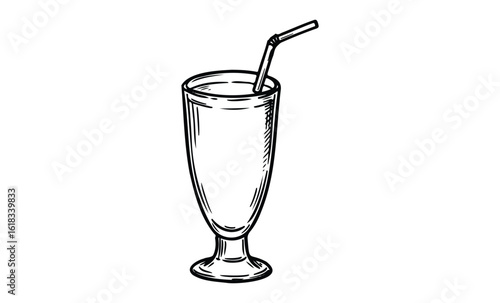 Hand-drawn milkshake glass with straw on white background. Vector retro hand drawn illustration