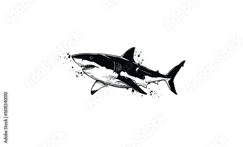 Dynamic black-and-white shark illustration with ink splashes. Vector retro hand drawn illustration