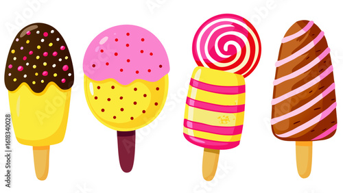 Colorful assortment of sweet frozen treats on sticks